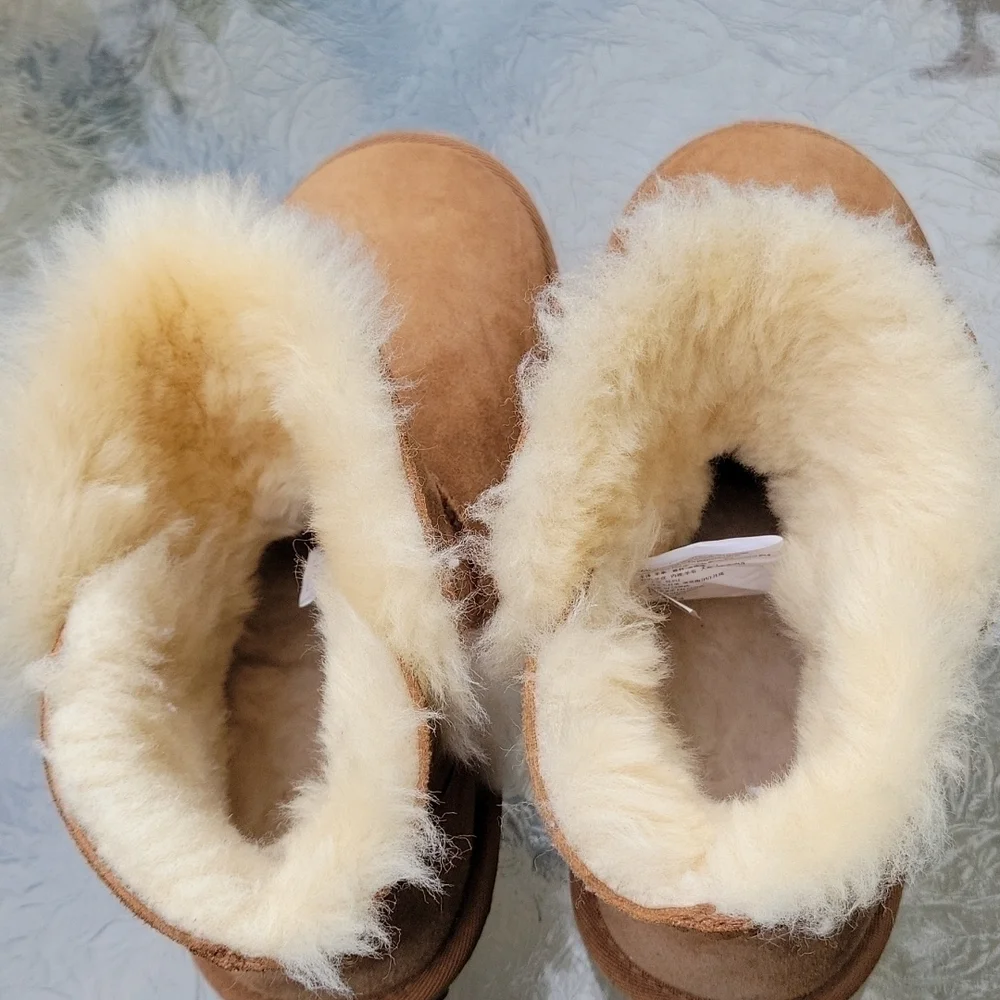 Sherpa Shearling Wool Lining Genuine Suede Ankle Booties Tan Contrast Fur Sz.7